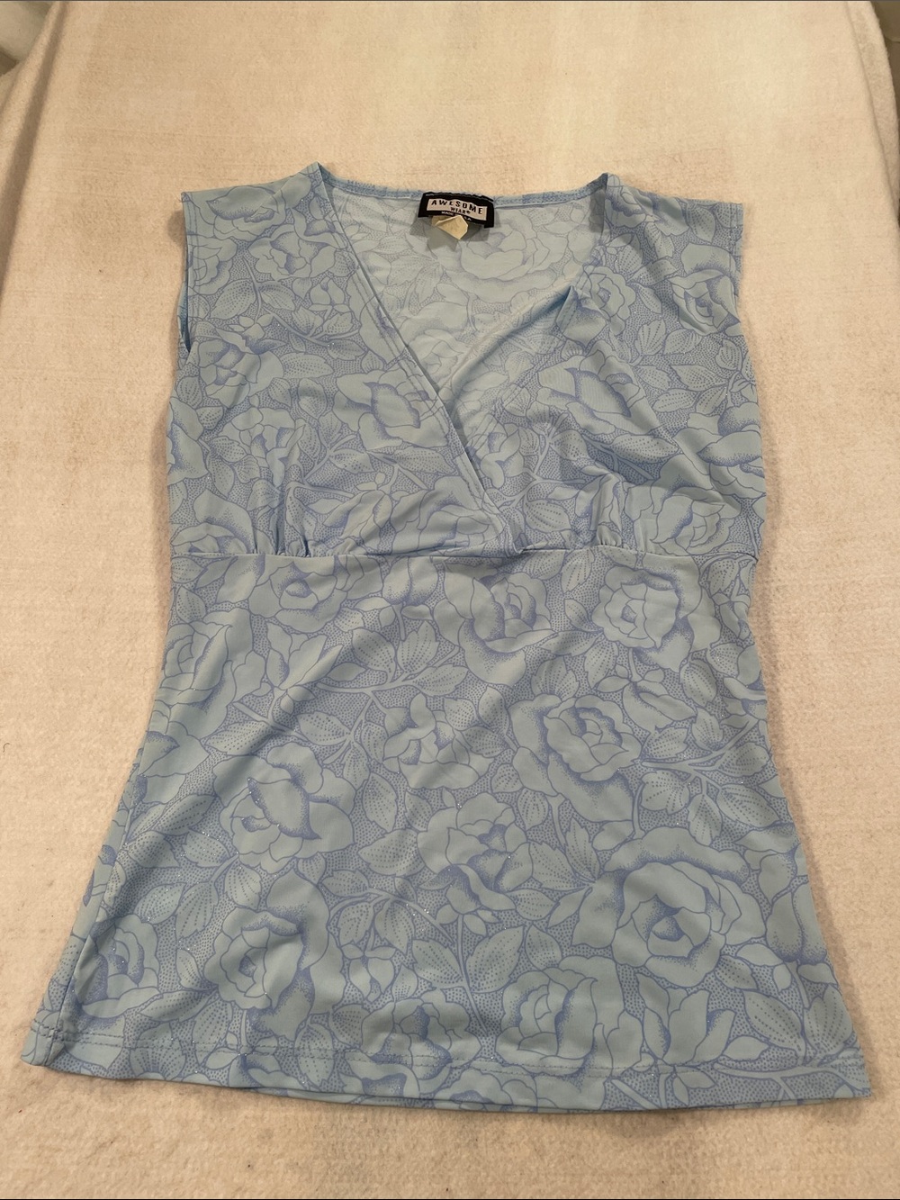 Sleeveless Floral Wrap Type Tank Top — Light Blue With Sparkles
